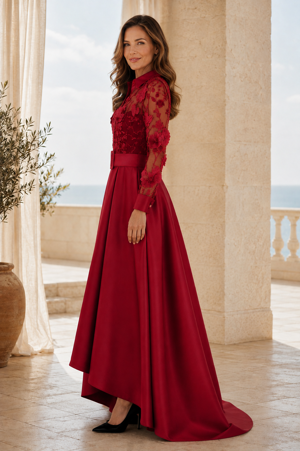 Vestido camisero de encaje floral 3D con falda asimétrica