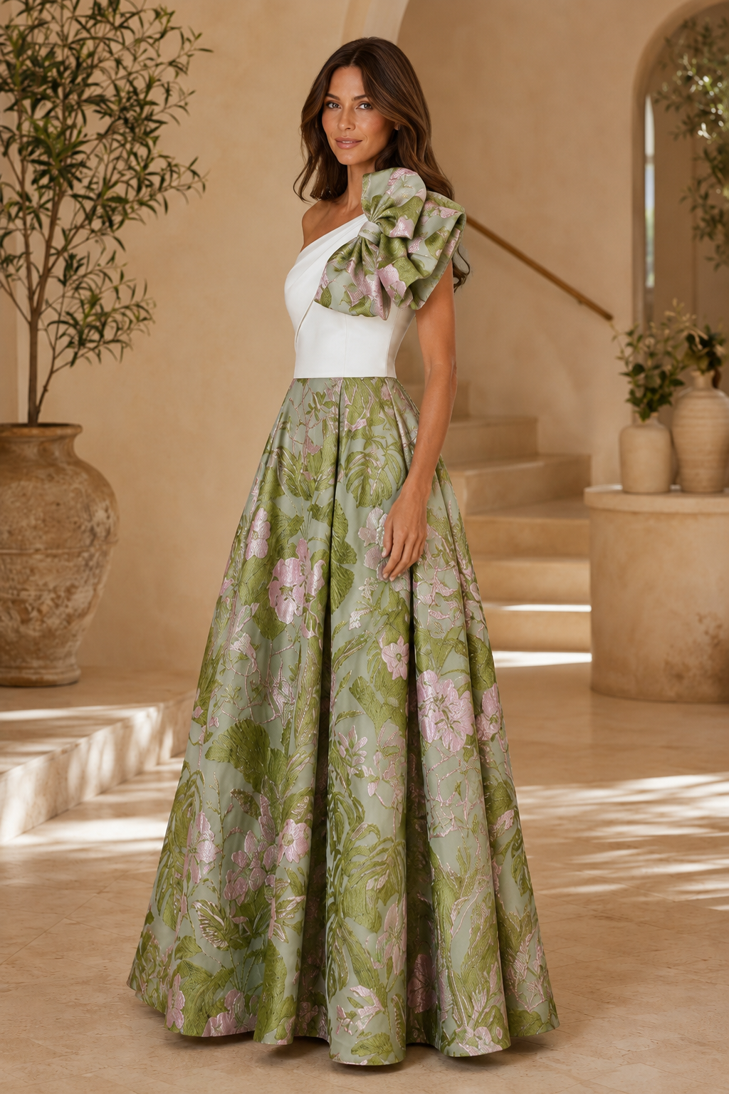 Vestido de noche acampanado de jacquard floral con un hombro