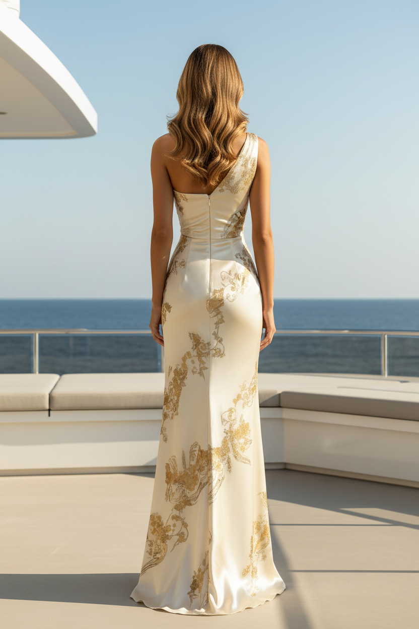 Vestido largo de satén floral metalizado con un solo hombro