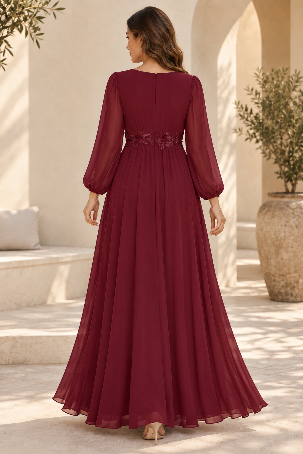 Long Sleeve Chiffon Maxi Dress with Floral Applique