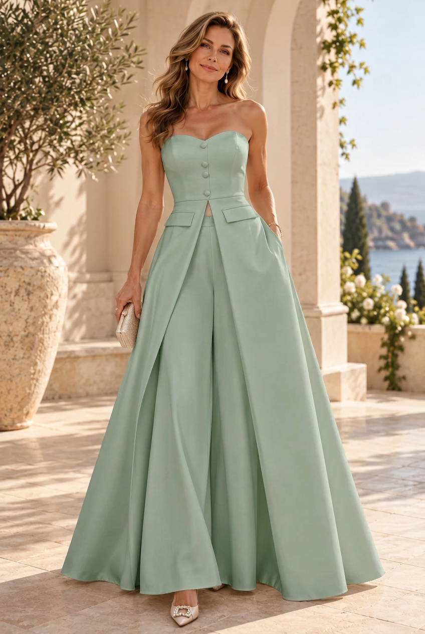 Strapless Wide-Leg Jumpsuit with Overskirt