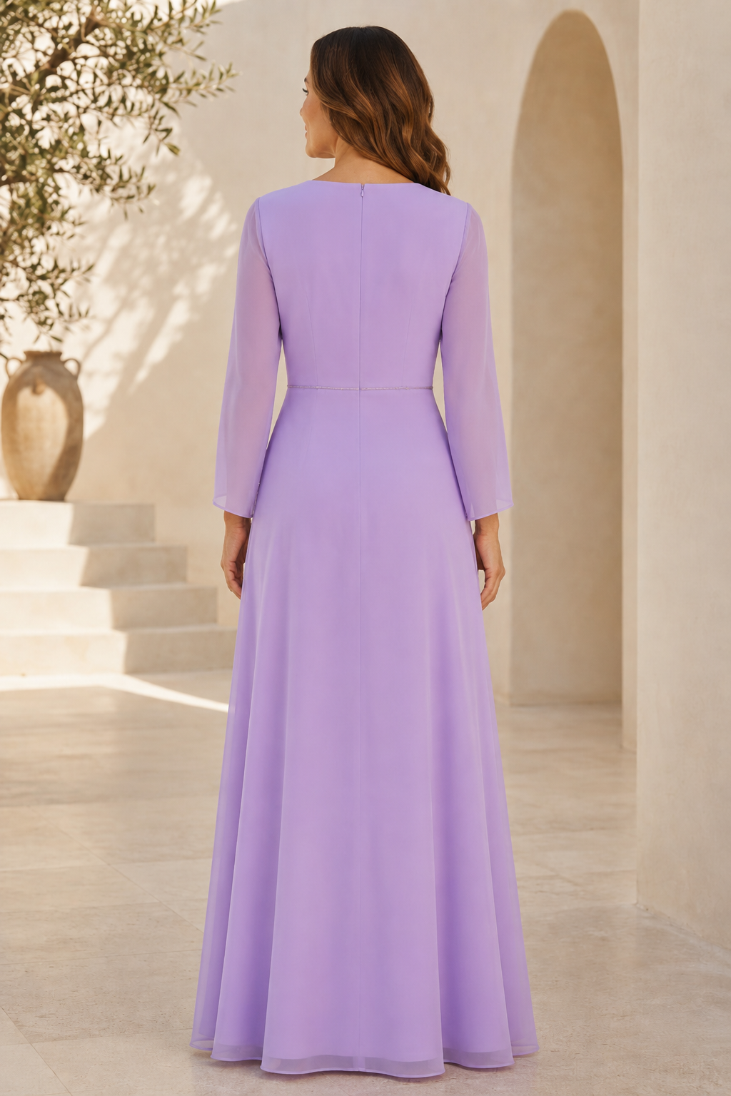 Vestido de noche de gasa plisada con silueta en A y mangas