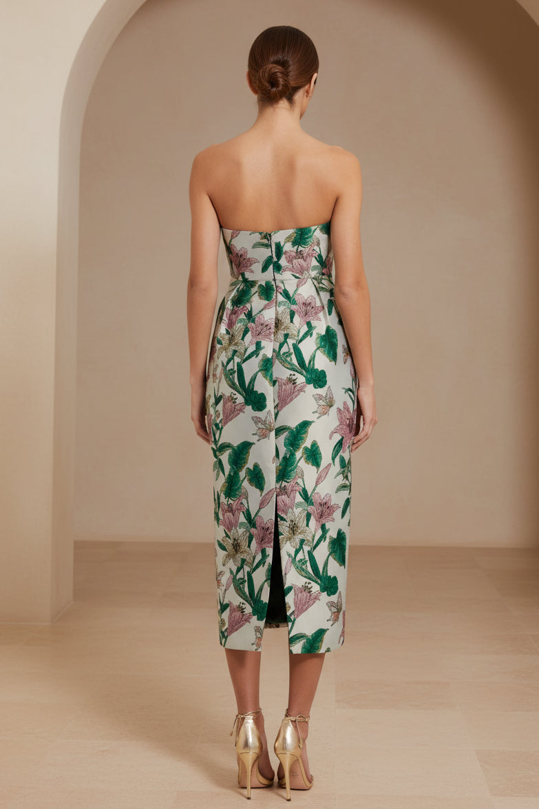 Vestido midi jacquard sin tirantes con bolsillos