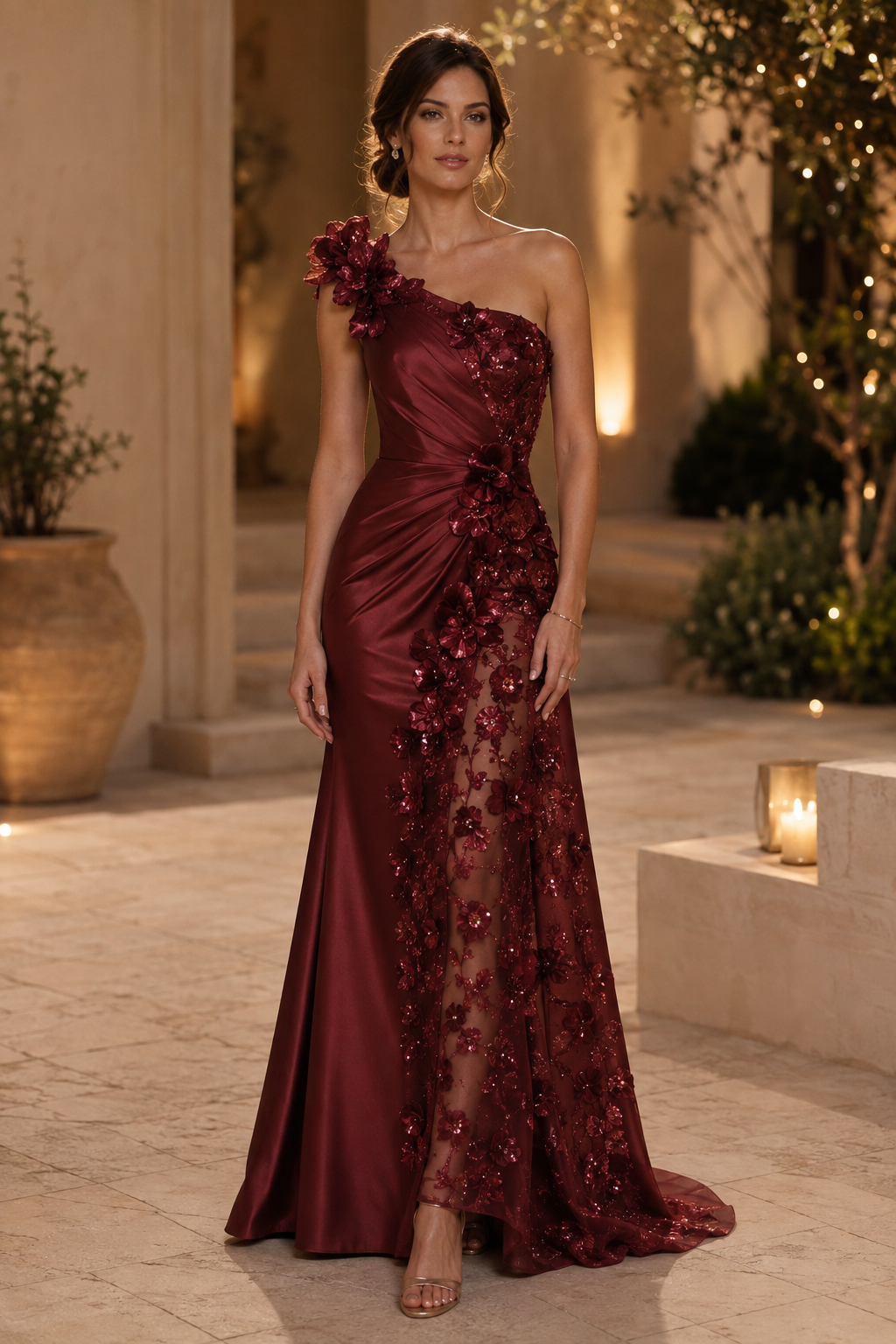 Vestido de satén con apliques florales y un solo hombro