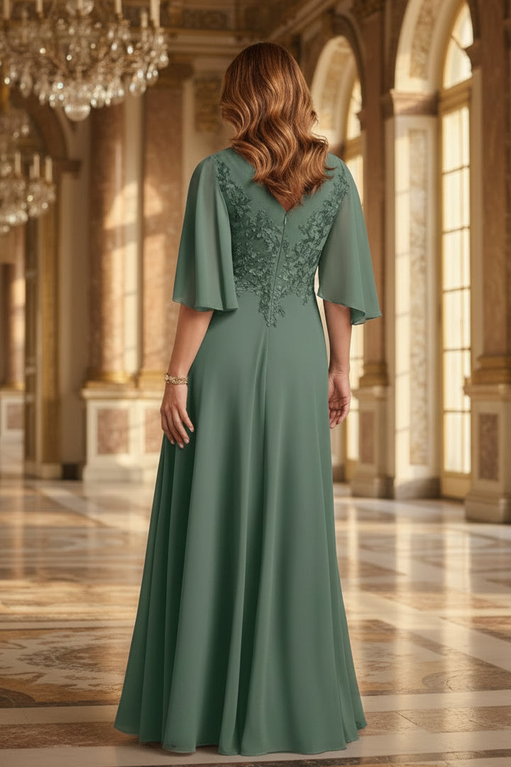 Vestido Formal de Gasa con Cuello en V, Corte Evasé y Mangas Aleteadas