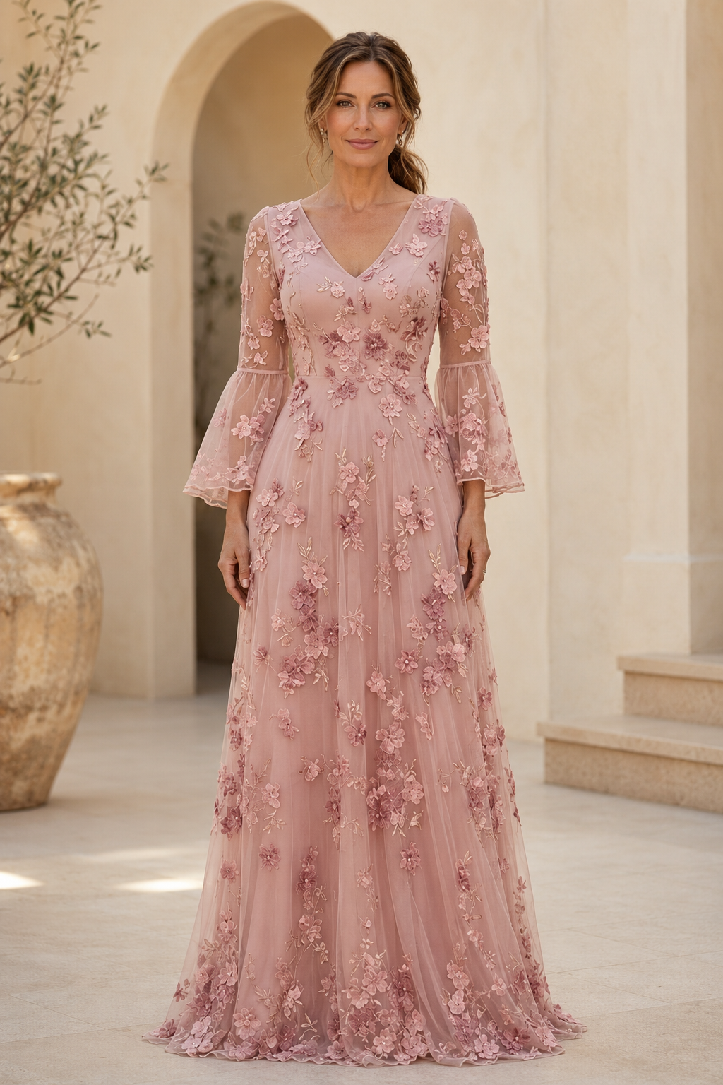 Vestido de corte A con apliques florales en 3D y mangas acampanadas