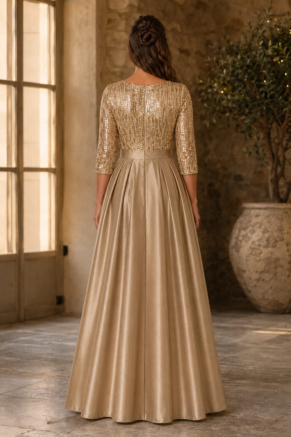 Vestido de Noche Acampanado con Cuerpo de Lentejuelas y Mangas 3/4