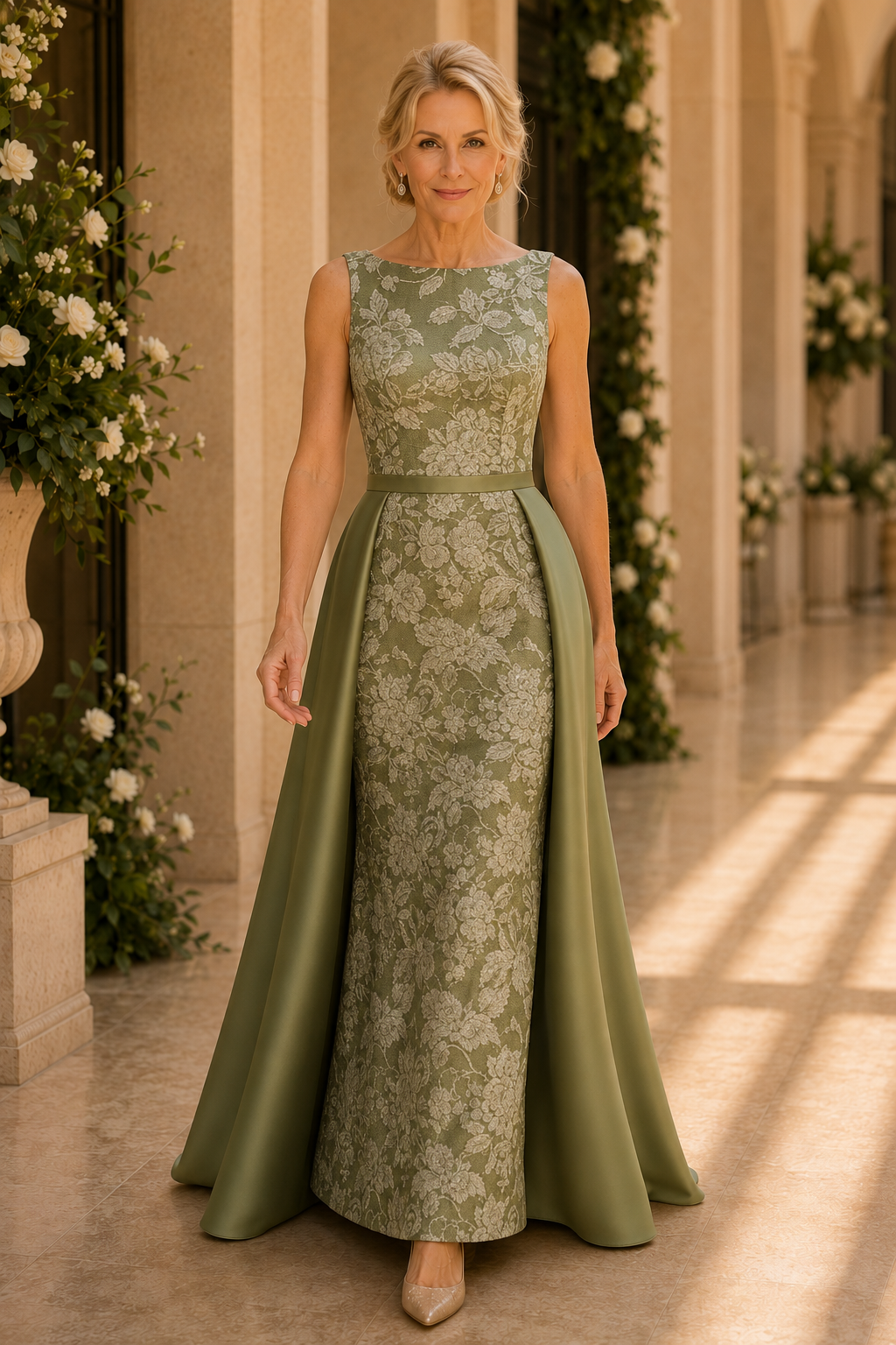Vestido columna de jacquard floral con sobrefalda de satén