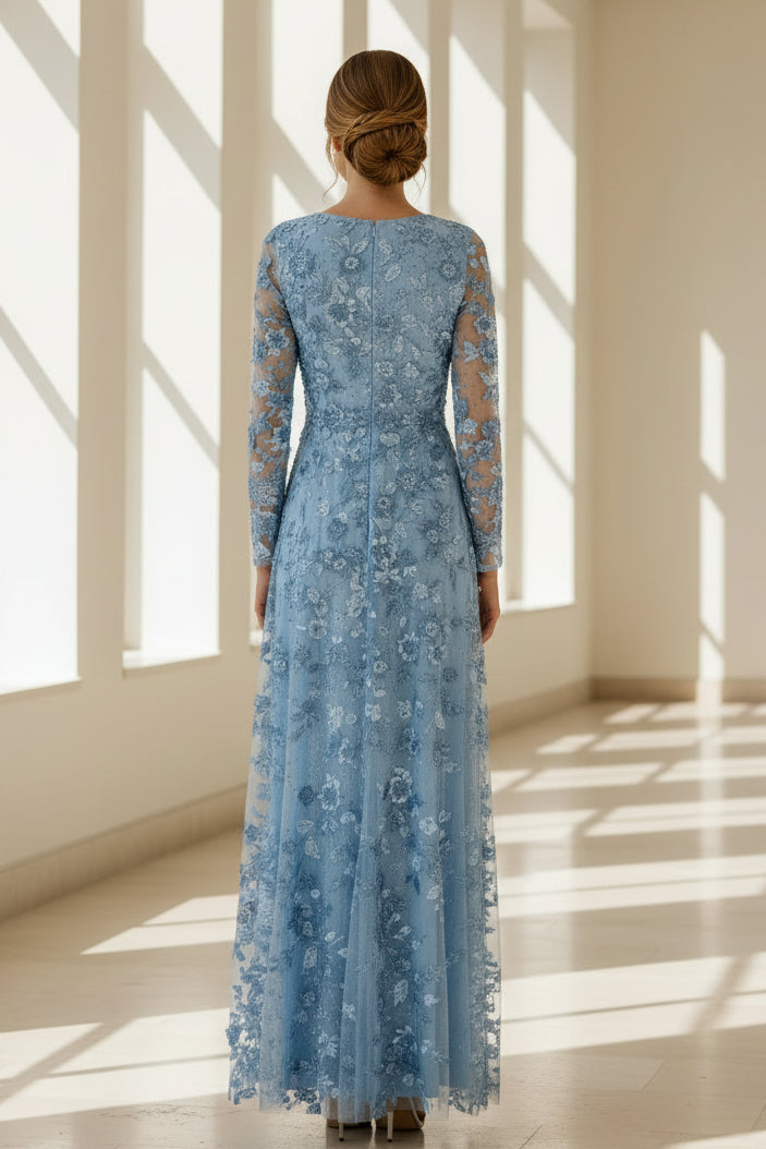 Vestido de Noche Acampanado de Manga Larga con Aplicaciones Florales 3D