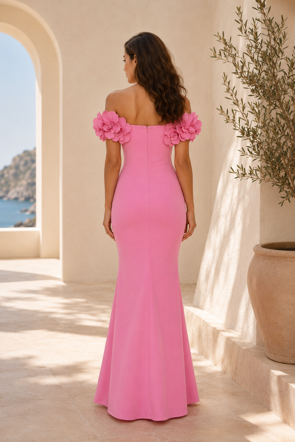 Vestido de noche de sirena con hombros descubiertos y flores 3D