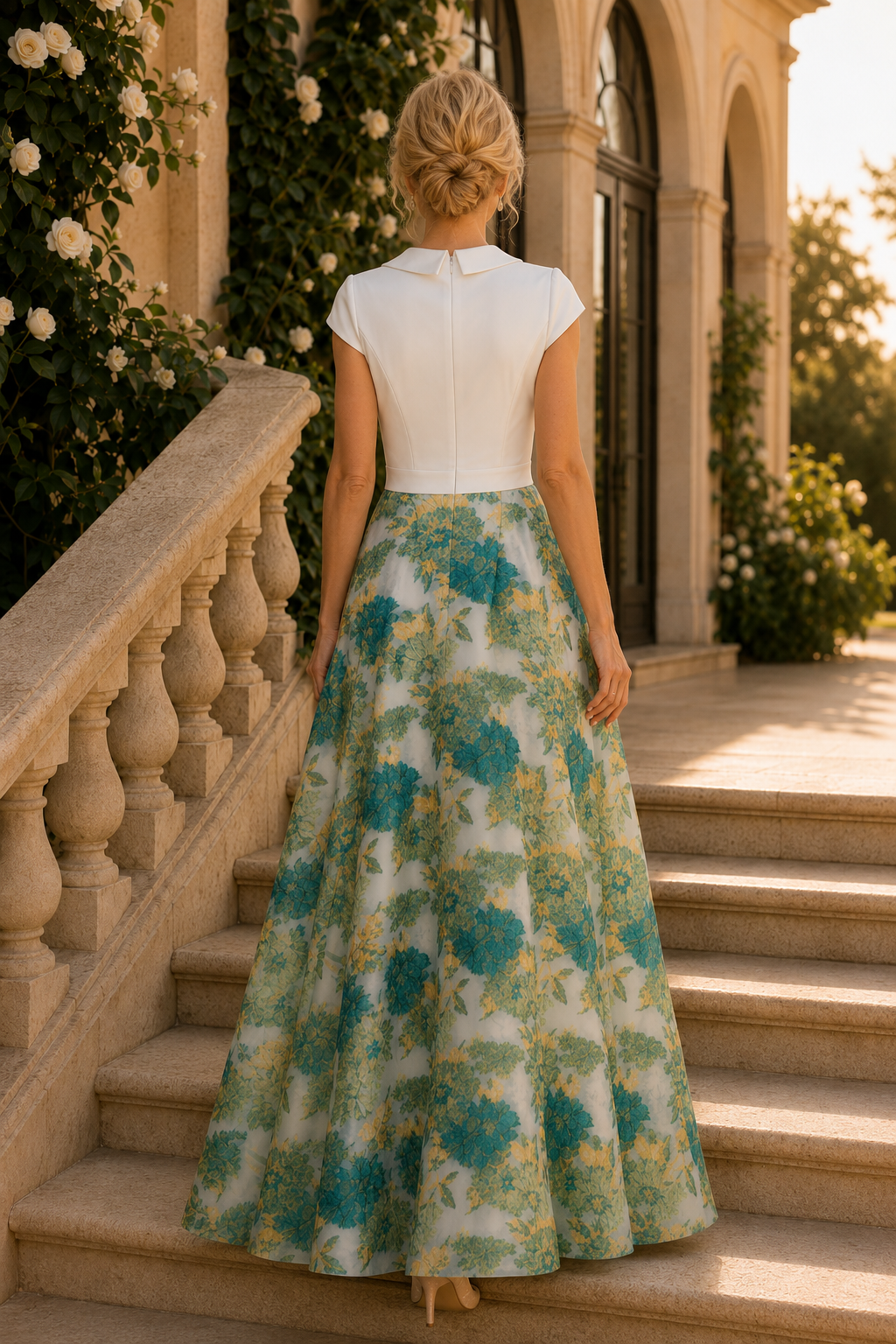 Vestido de noche de corte A con cuello en V de solapa y estampado floral