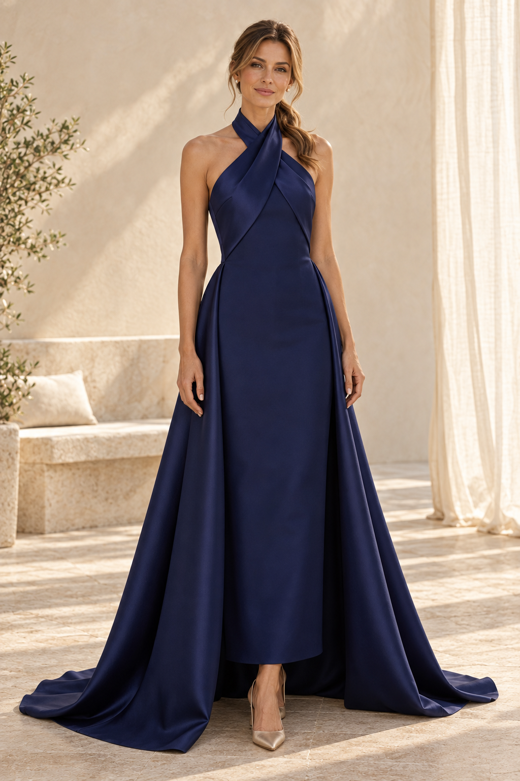 Halter Cross Neck Gown with Overskirt Train