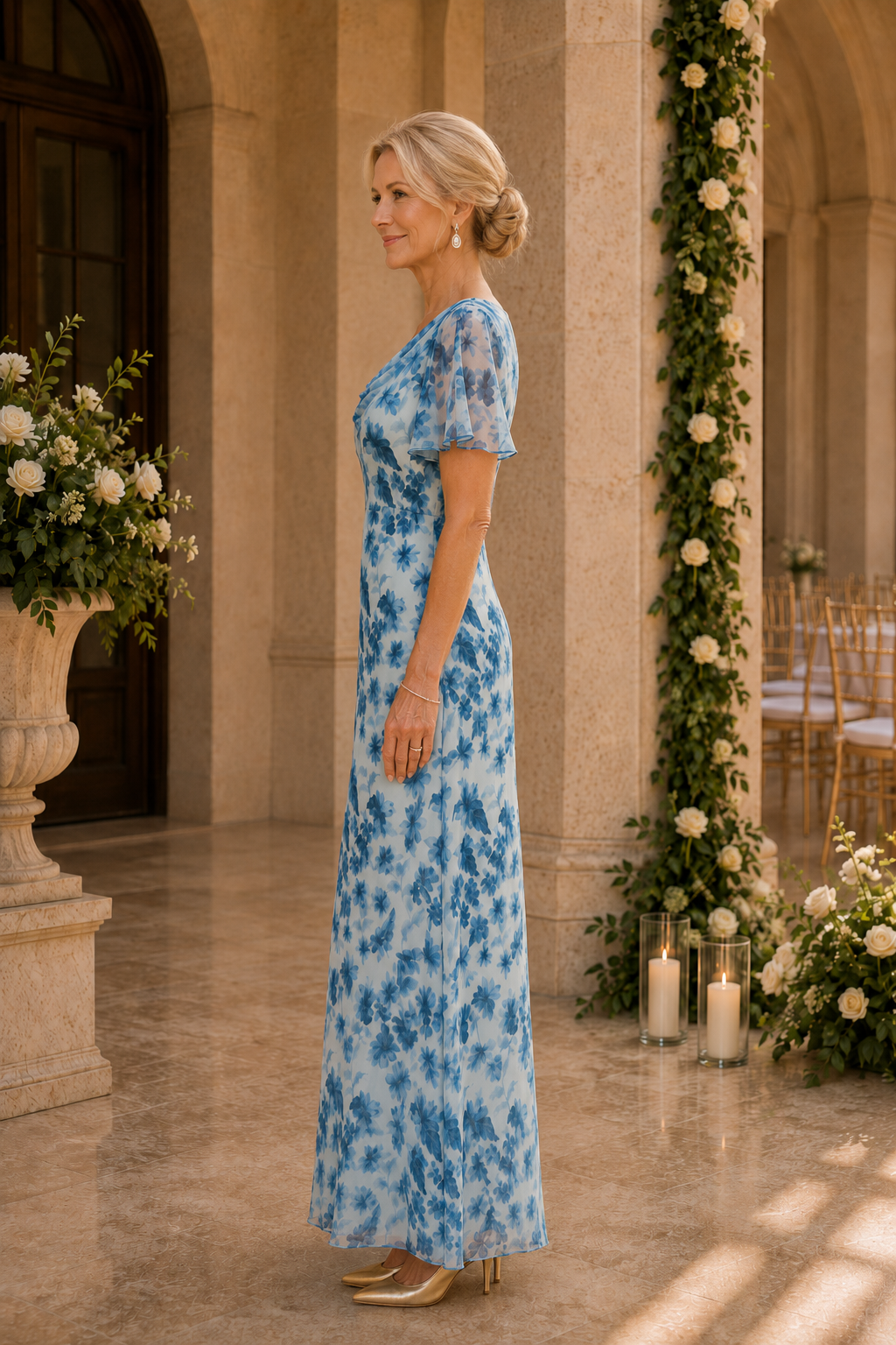 Vestido maxi de chifón con estampado floral, cuello desbocado y manga con volantes