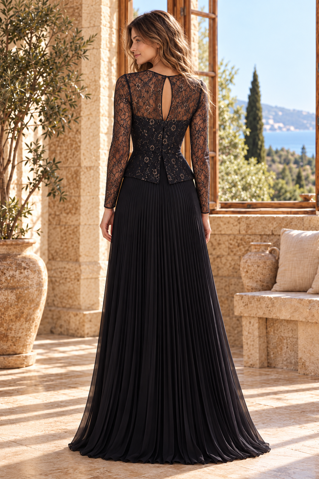 Lace Peplum Bodice Pleated Gown