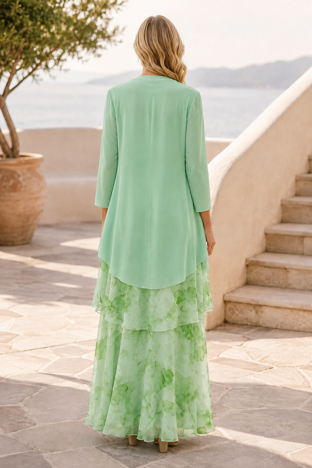 Vestido maxi escalonado con estampado floral y chaqueta a juego