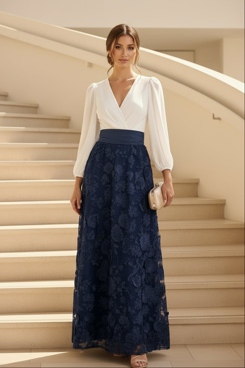 Vestido de noche maxi floral 3D con cuello en V y manga larga