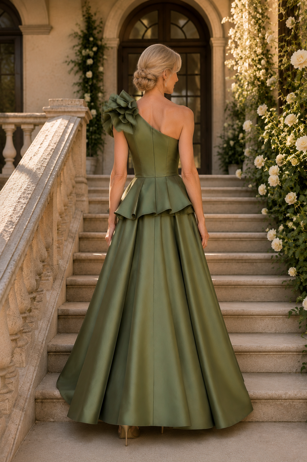 Vestido de raso acampanado con peplum y un solo hombro