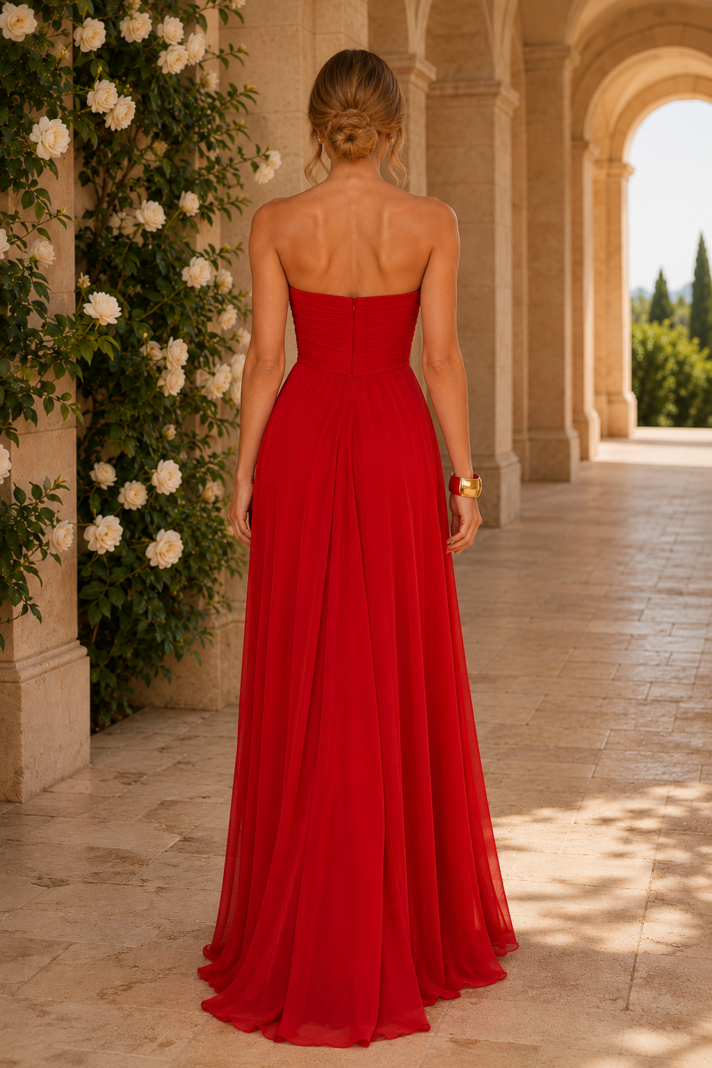 Vestido de gasa con escote palabra de honor, drapeado y corpiño floral en 3D