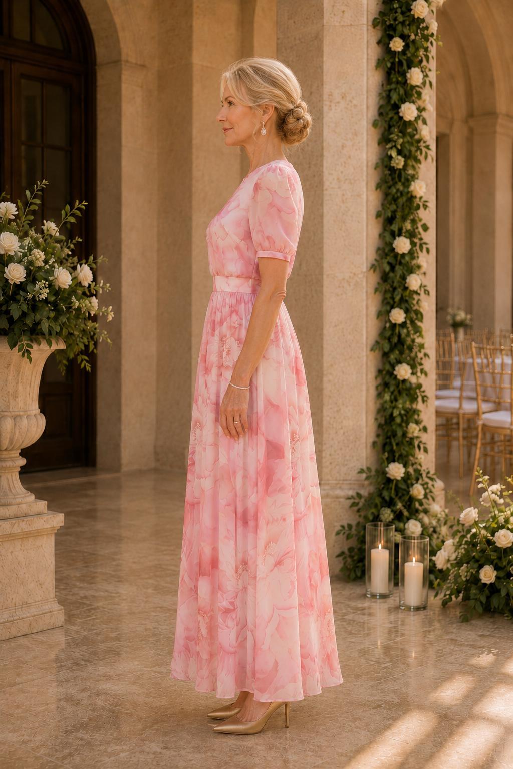 Vestido largo evasé con estampado floral y mangas abullonadas