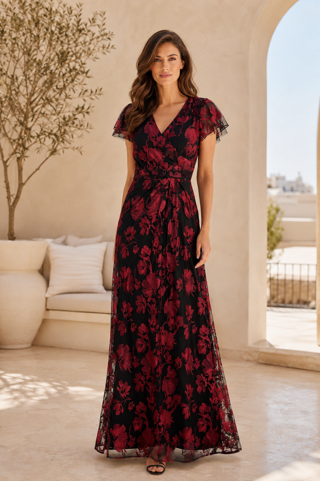 Vestido de Noche Largo con Estampado Floral, Manga Flutter y Escote en V