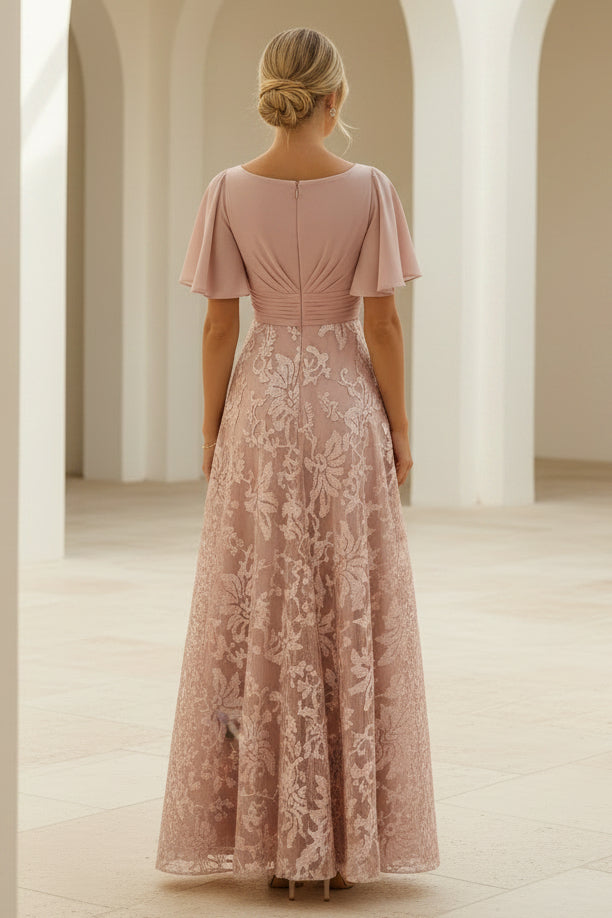 Vestido formal maxi de línea A con cuello en V de encaje y manga con volantes