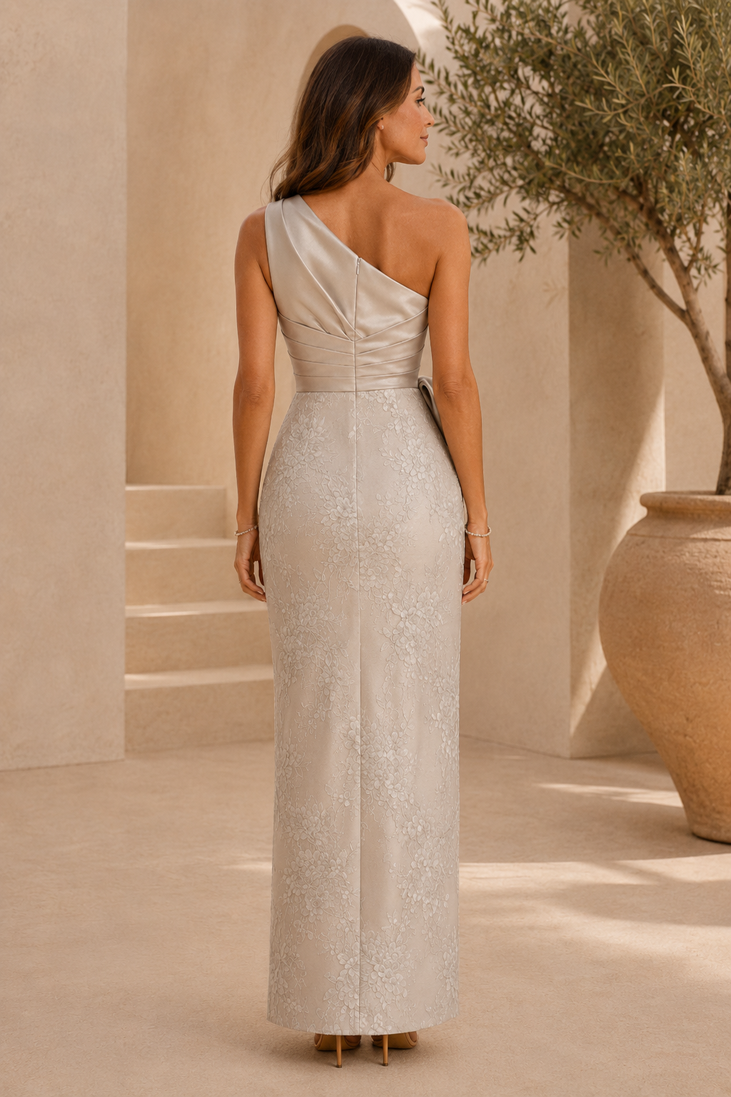 Vestido largo tipo columna de jacquard con lazo plisado y un solo hombro