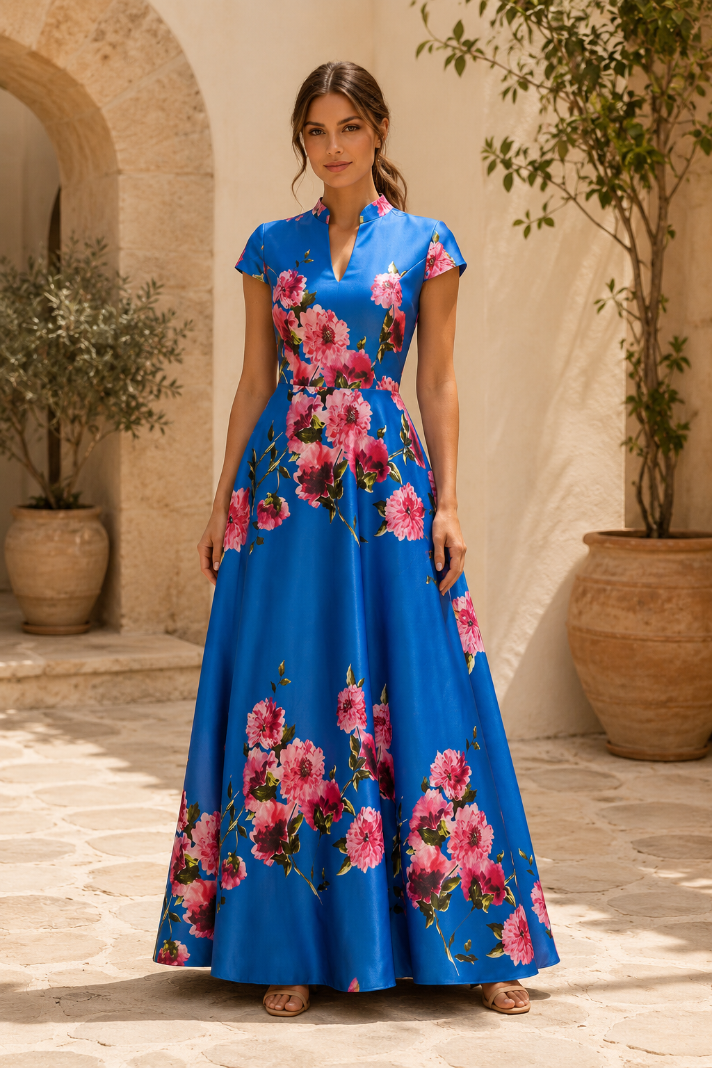Maxivestido de satén con estampado floral, corte en A y mangas casquillo