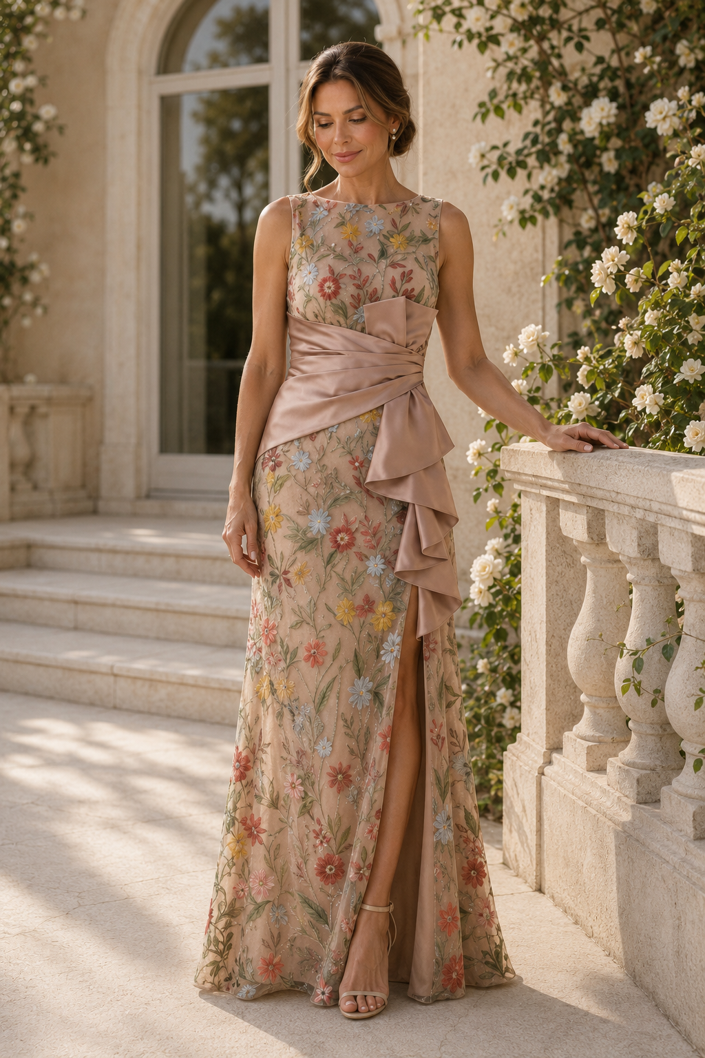 Vestido sin mangas con bordado floral y banda con volantes