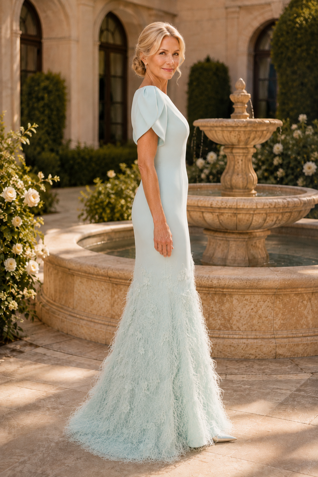 Vestido de sirena con mangas mariposa y falda de plumas