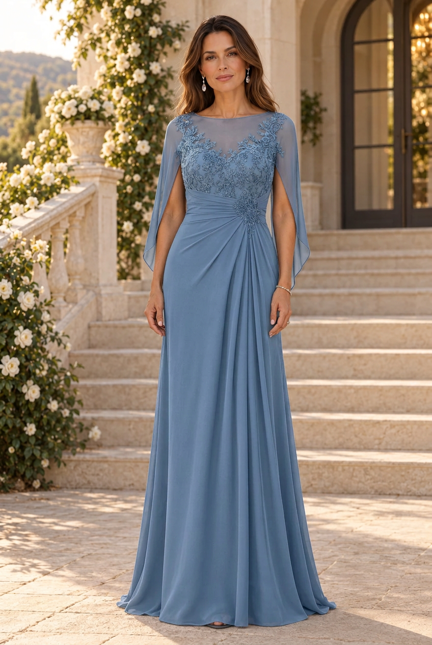 Vestido de Noche con Capa, Escote Ilusión y Aplicaciones