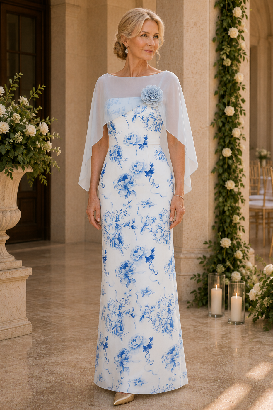 Vestido de columna floral con capa corta transparente