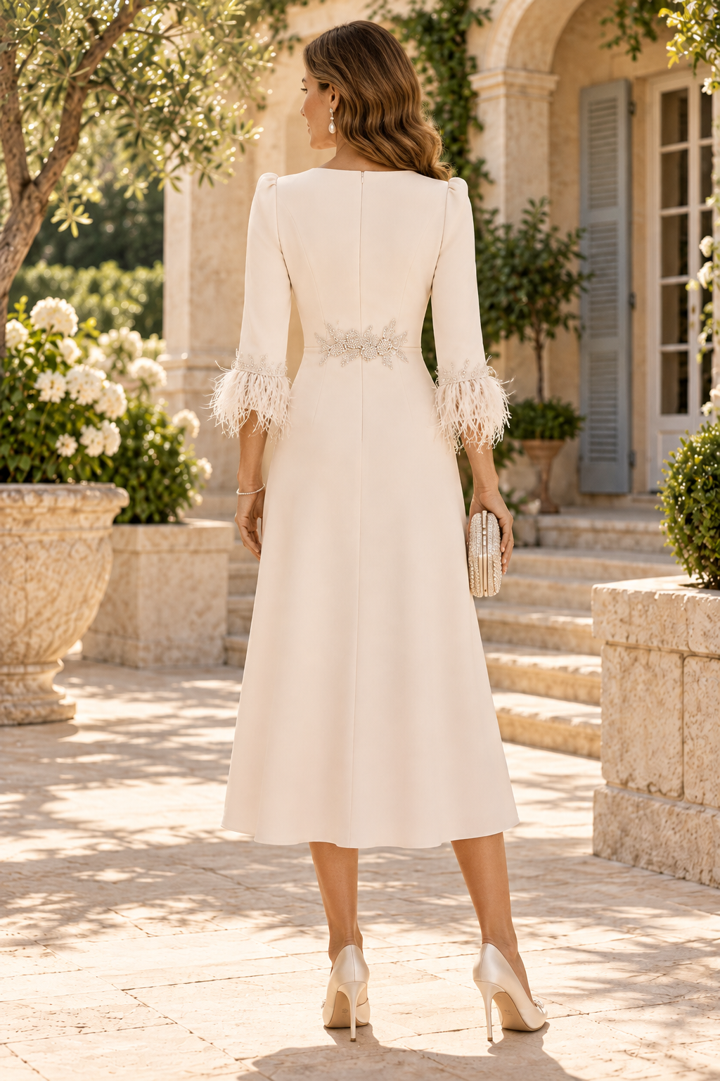 A-Line Midi Dress with Feather Cuffs and Applique