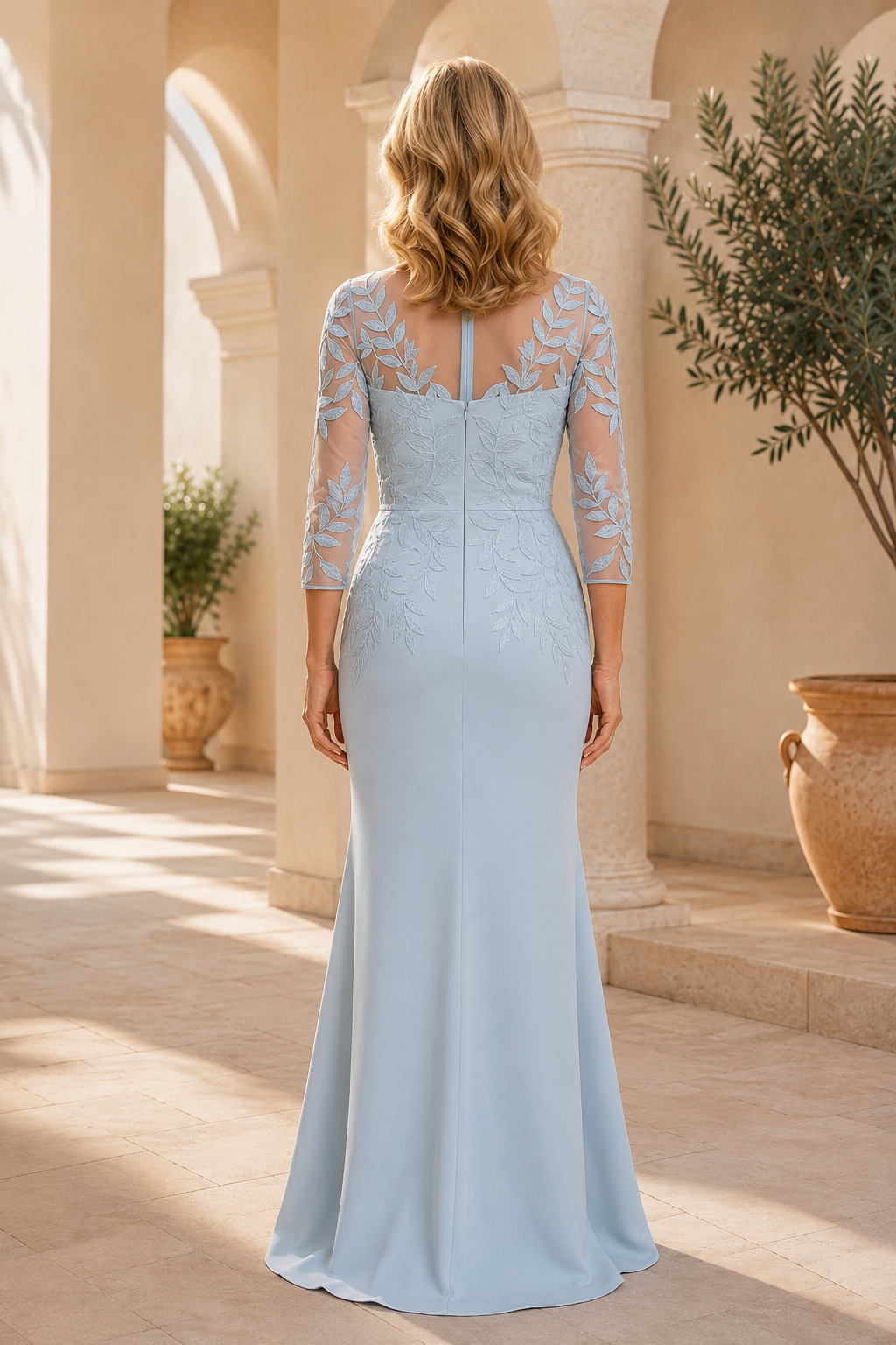 Vestido de corte trompeta con bordado ilusión y manga francesa