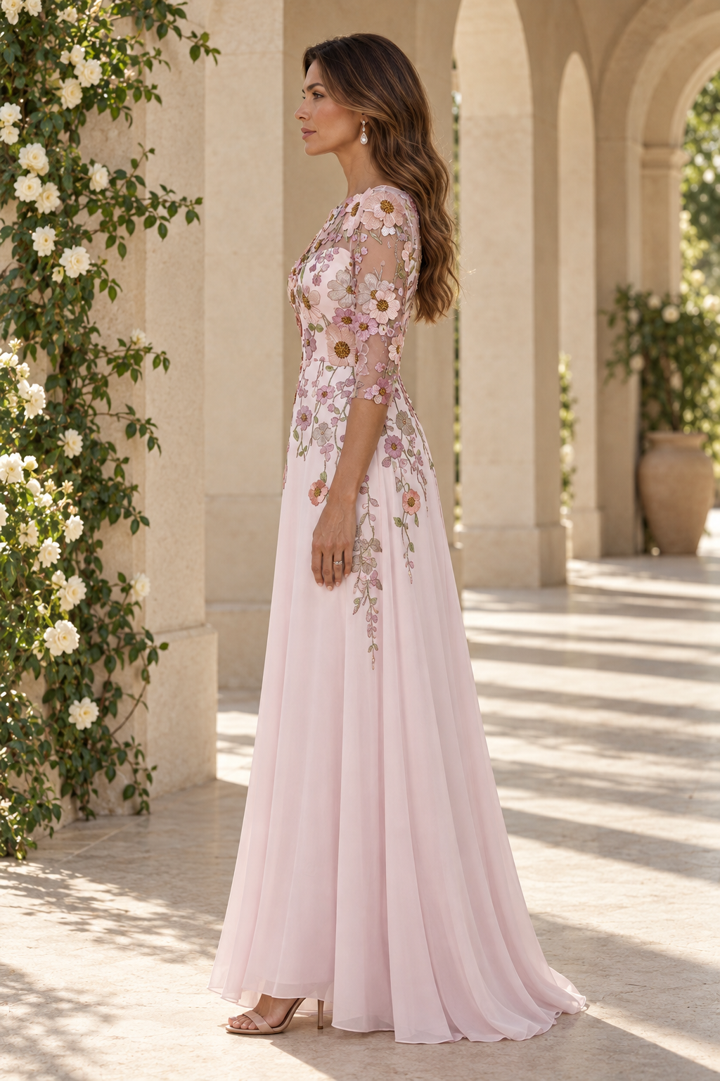 Vestido maxi de tul con apliques florales