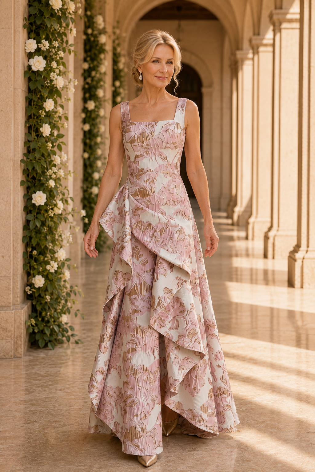 Vestido de jacquard floral con volante lateral en cascada