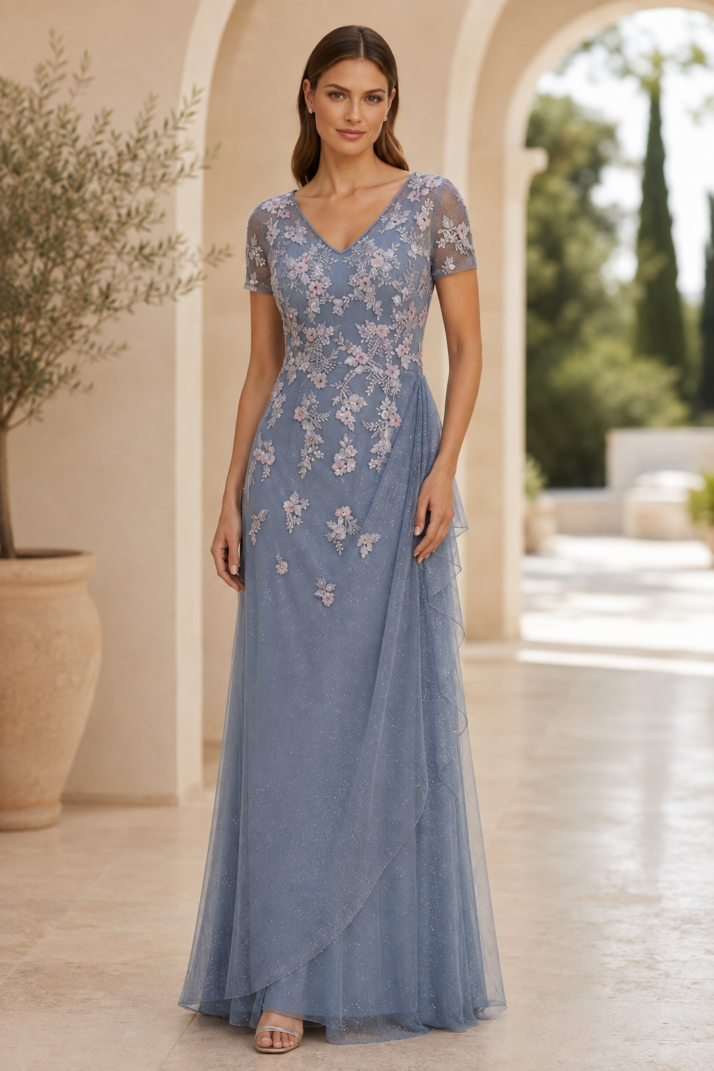 Vestido de noche de corte A con bordado floral y purpurina