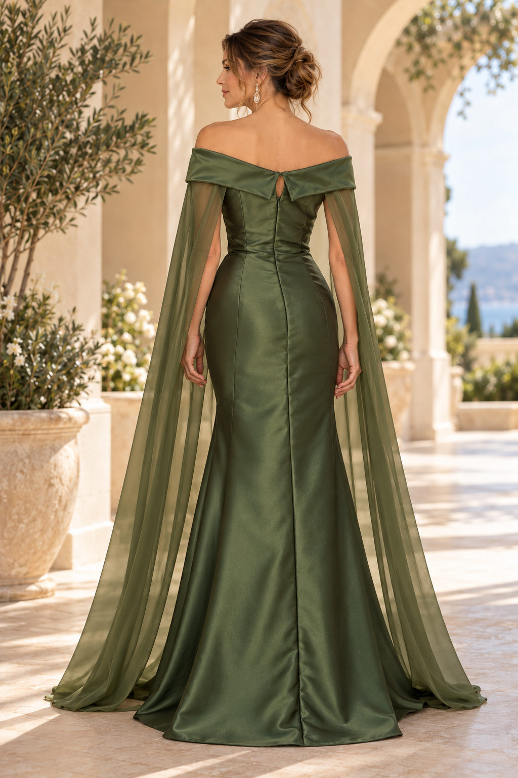 Off-the-Shoulder Beaded Gown with Cape Sleeves