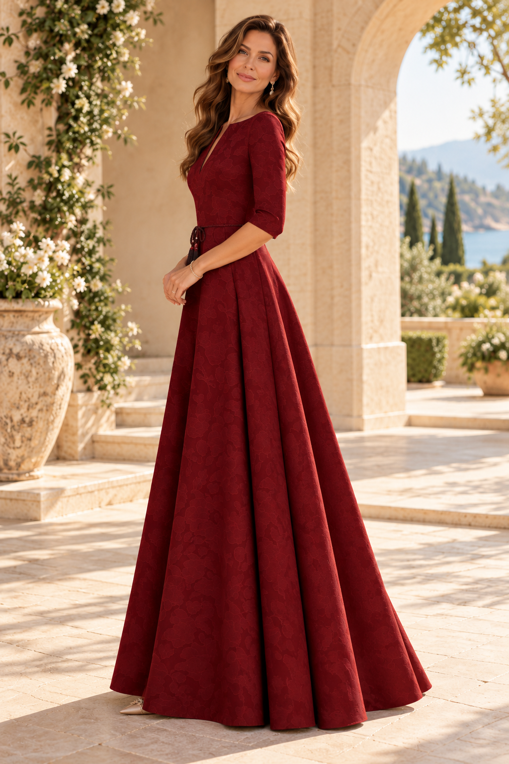 Jacquard A-Line Gown with Slit Neckline & 3/4 Sleeves