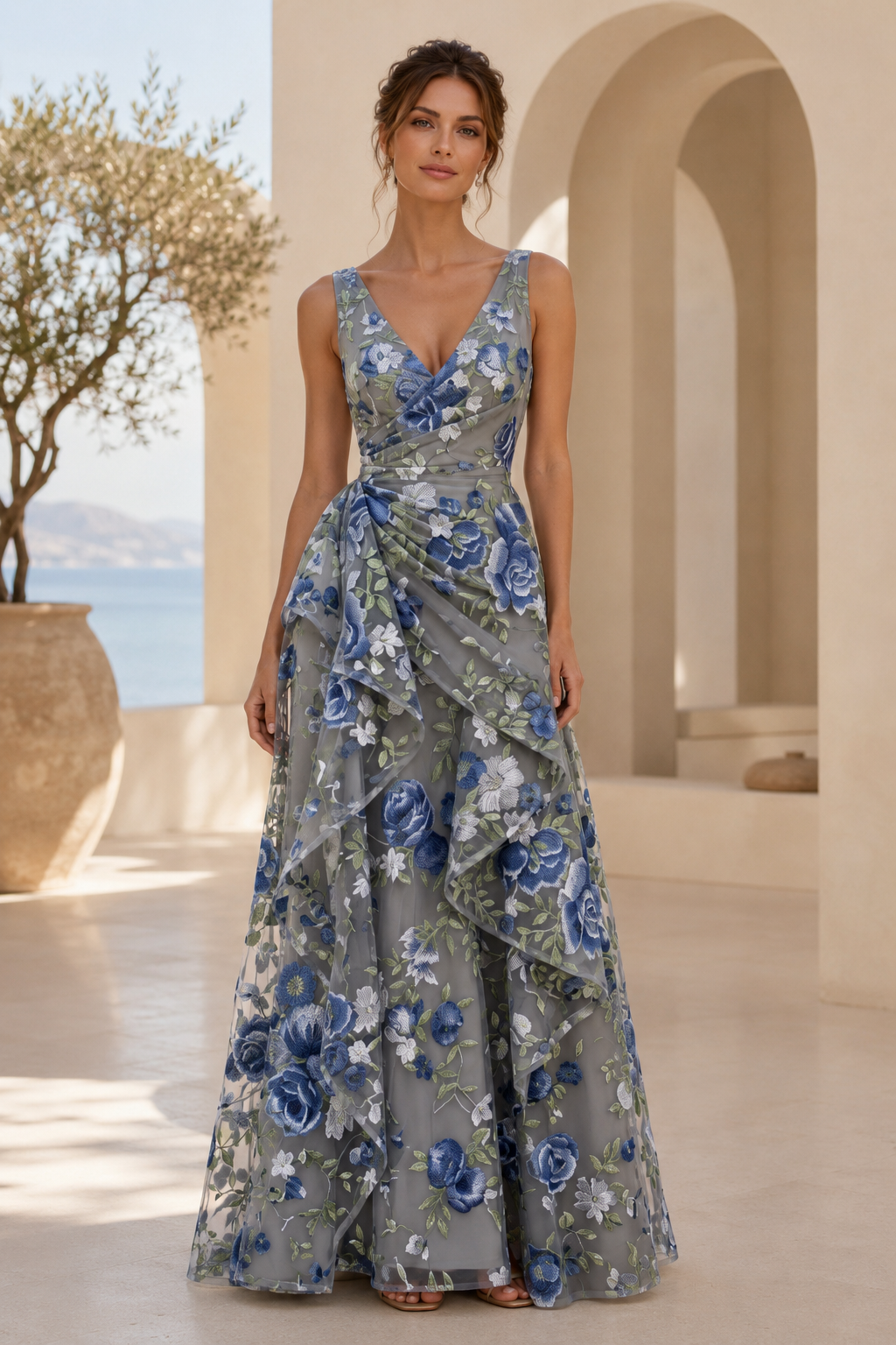 Vestido largo de corte A con cuello de pico, drapeado y bordado floral