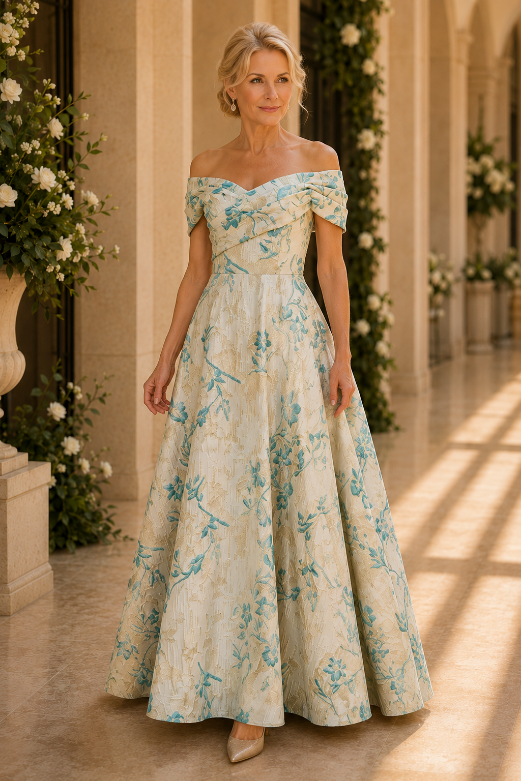 Vestido de gala línea A con escote al hombro y jacquard floral