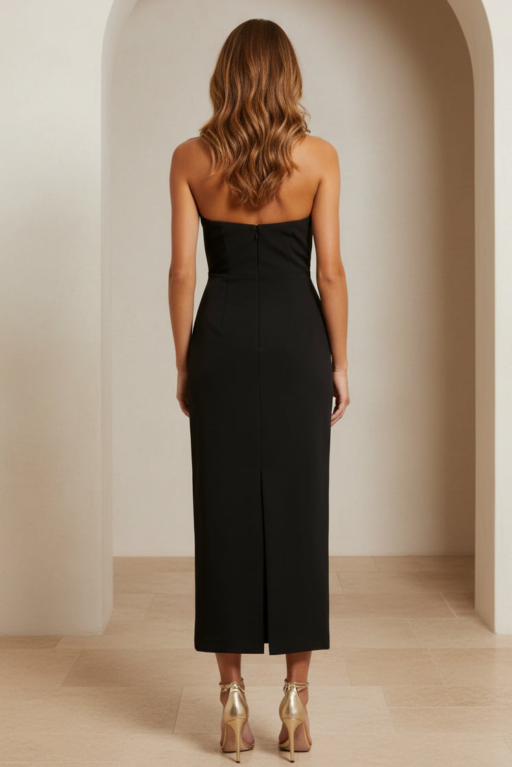 Vestido tubo midi sin tirantes con apliques florales 3D