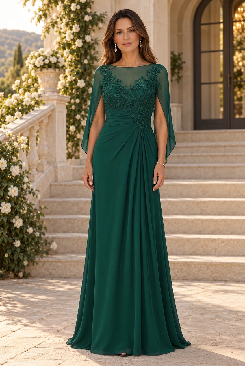 Vestido de Noche con Capa, Escote Ilusión y Aplicaciones