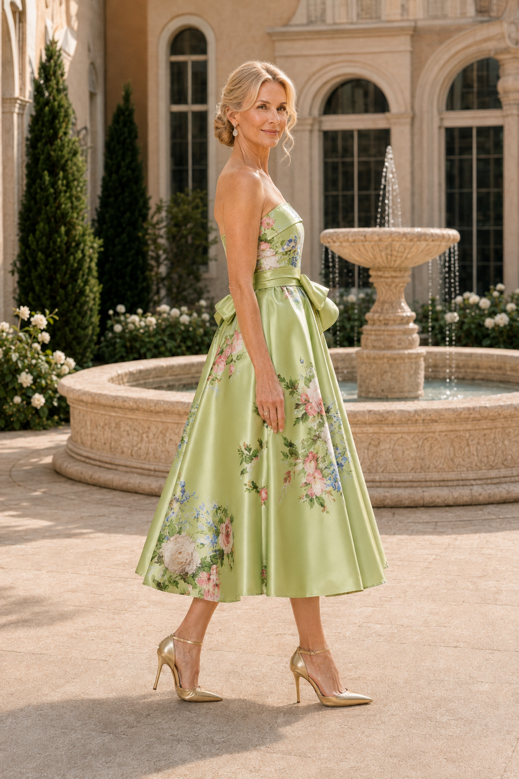 Vestido de satén floral sin tirantes hasta la altura del té