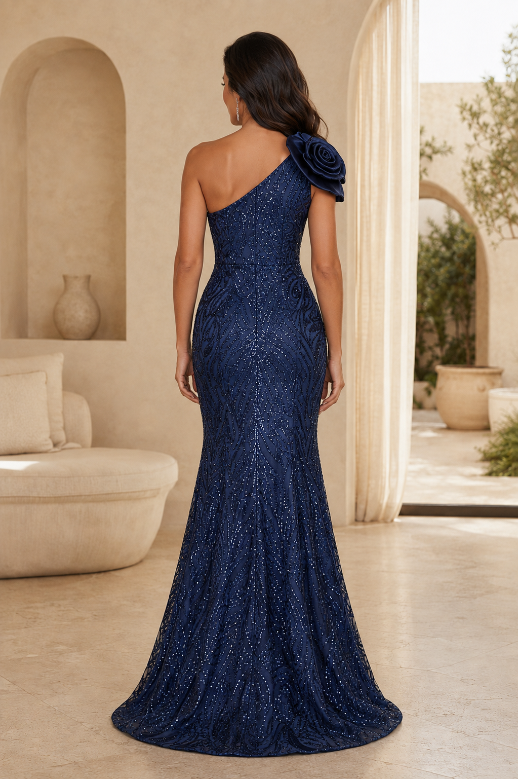 Vestido de sirena con lentejuelas, una rosa y un hombro