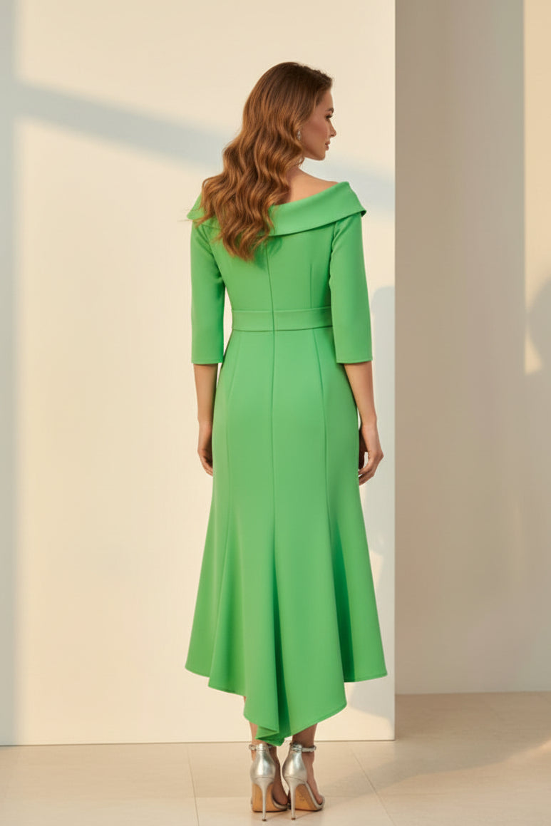 Vestido Midi Escote Bardot con Lazo y Falda Evasé
