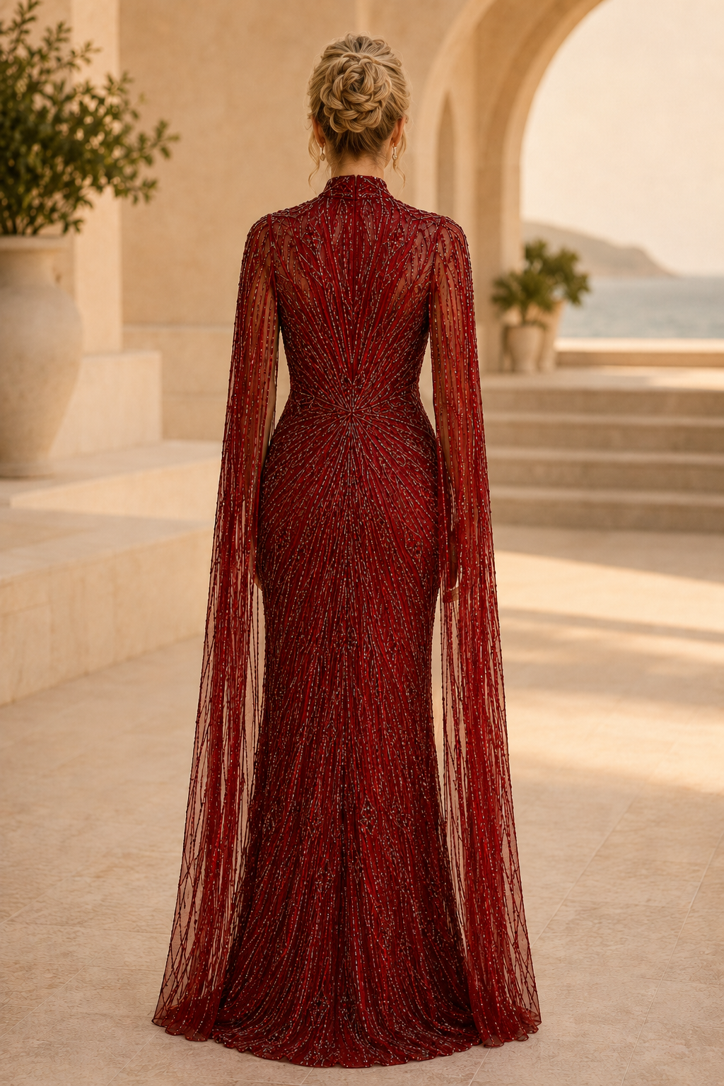Vestido largo con cuello alto con pedrería y mangas de capa