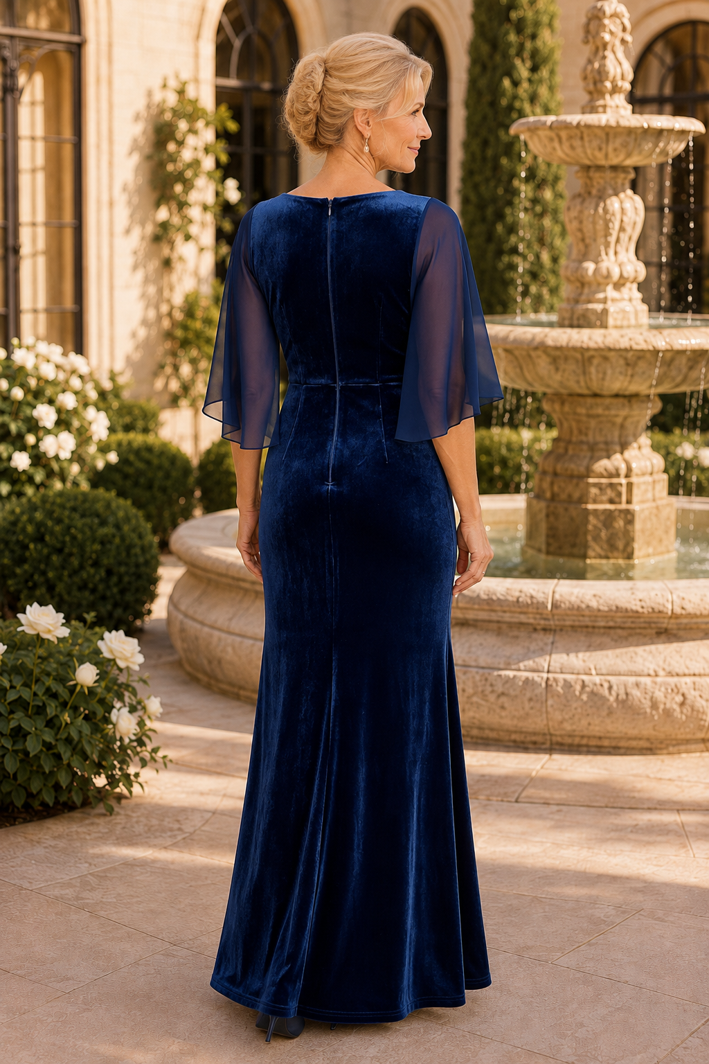 Vestido de terciopelo con nudo frontal y mangas con volantes