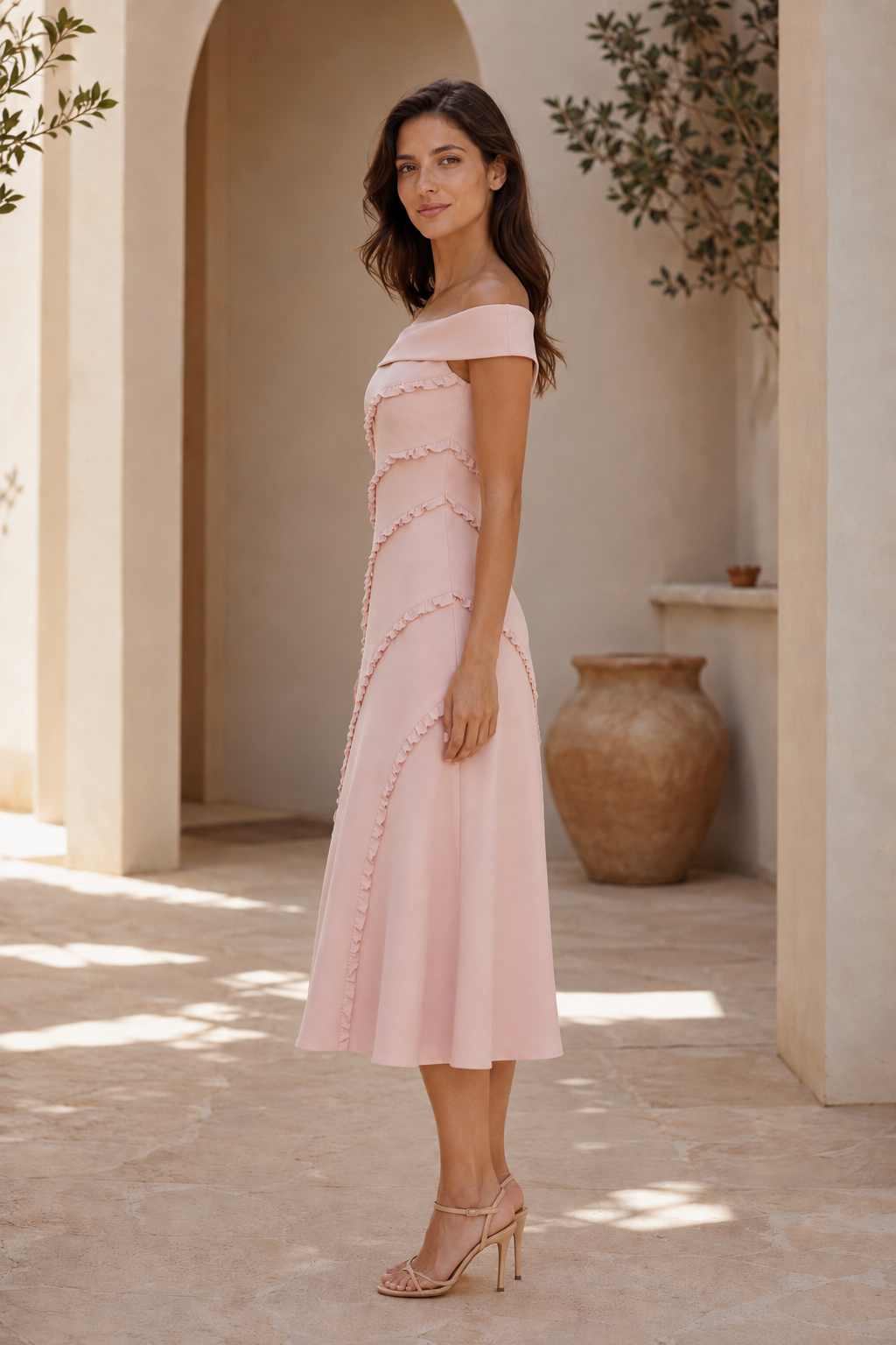 Vestido Midi con Hombros Descubiertos y Volante en Espiral