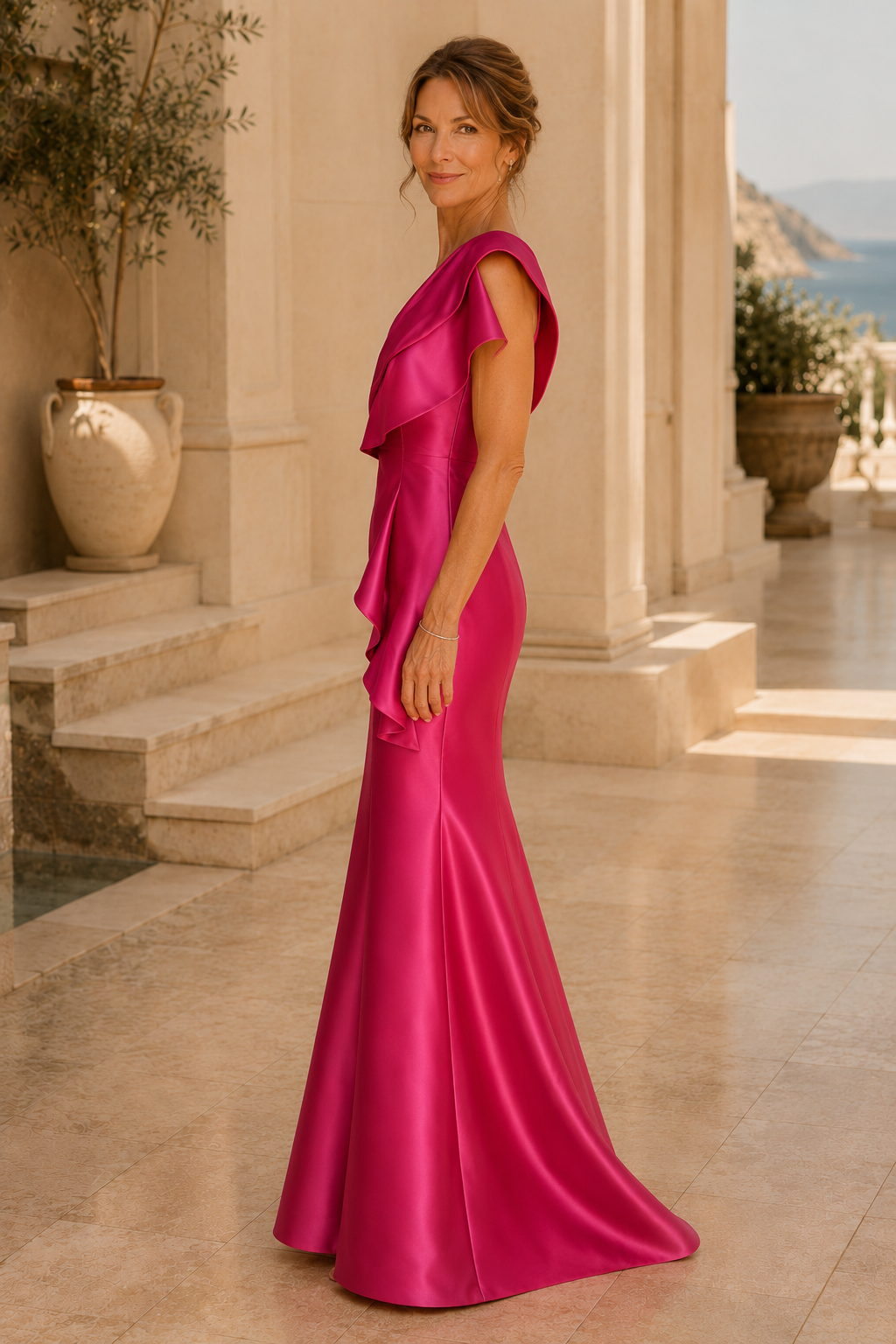 Vestido de Noche Sirena de Satén con Volantes y Un Hombro