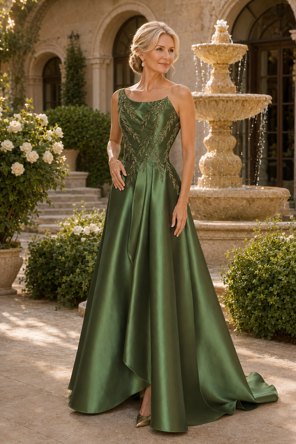 Vestido de Noche Largo de Satén Línea A con Un Hombro y Cuentas